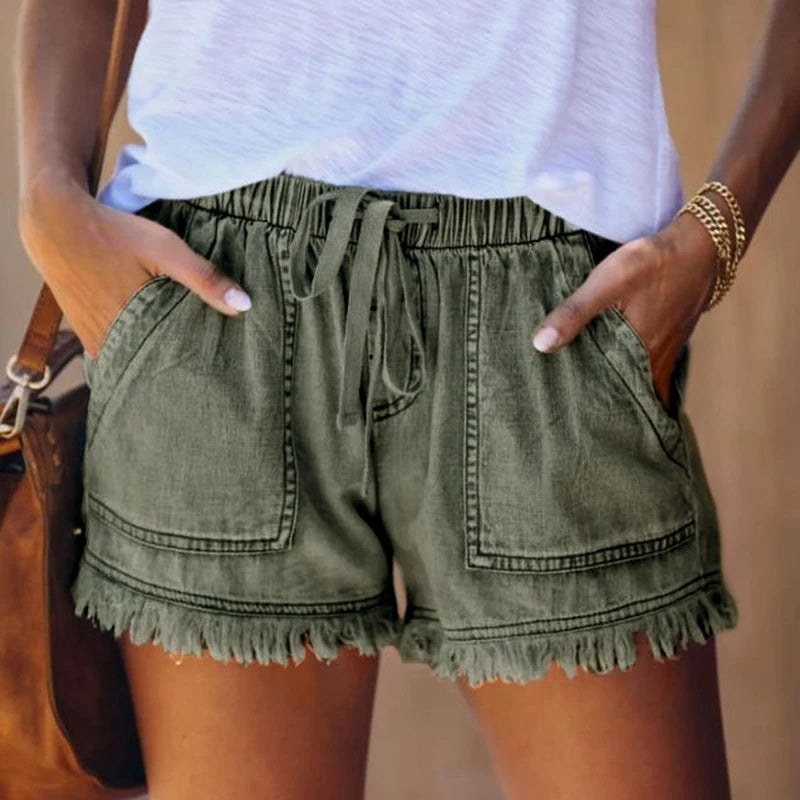 Elastic Waist Casual Women's High Waist Thin Lace-up Shorts Large Size Loose and Thin Sexy Pocket Denim Short 2022