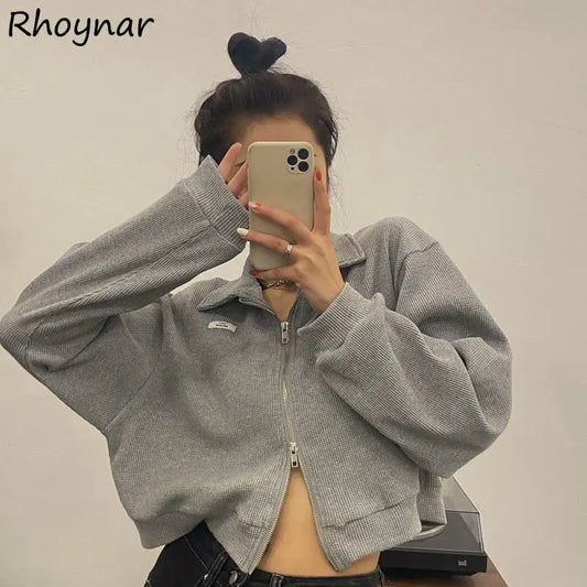 Sweatshirts Women Zipper Turn-down Collar Solid Cropped Loose Streetwear Harajuku Casual All-match Stylish Female Vintage Cozy