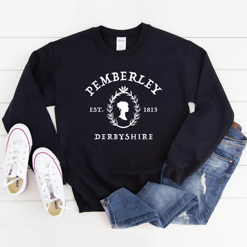 Jane Austen Sweatshirt Pride and Prejudice Pullover Pemberley Sweatshirts Book Lover Hoodie Vintage Kawaii Jumper Feminist Tops