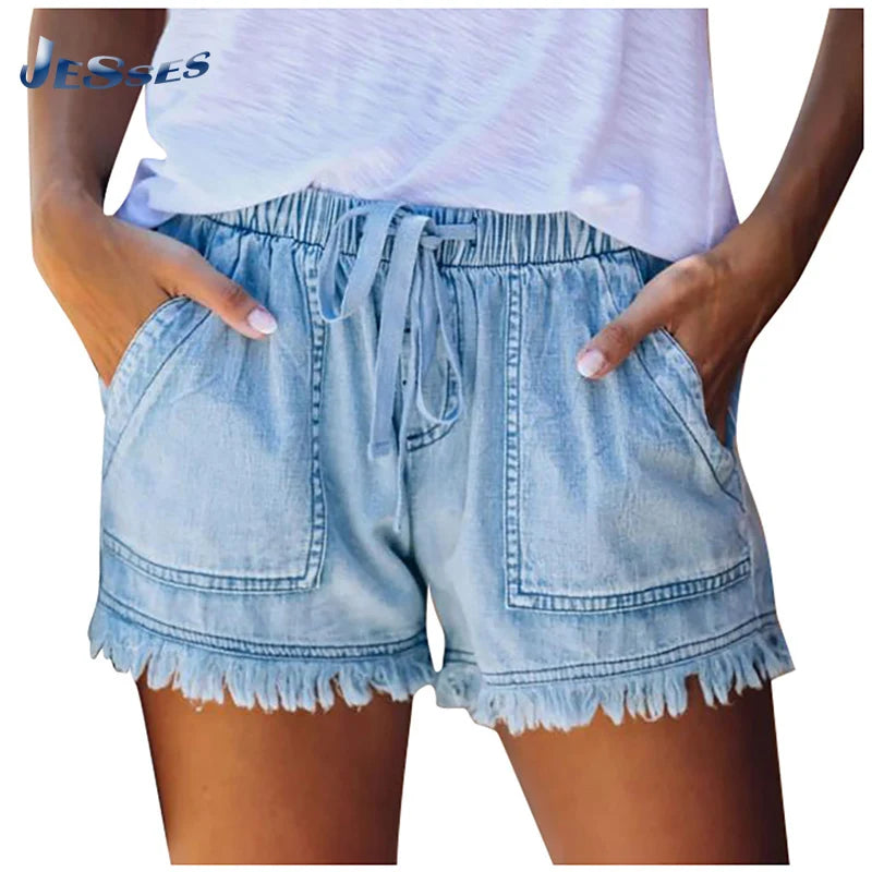 Elastic Waist Casual Women's High Waist Thin Lace-up Shorts Large Size Loose and Thin Sexy Pocket Denim Short 2022