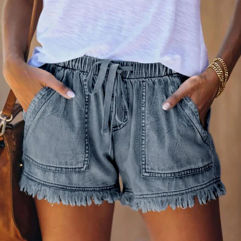 Elastic Waist Casual Women's High Waist Thin Lace-up Shorts Large Size Loose and Thin Sexy Pocket Denim Short 2022