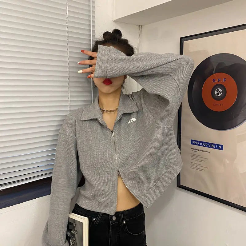 Sweatshirts Women Zipper Turn-down Collar Solid Cropped Loose Streetwear Harajuku Casual All-match Stylish Female Vintage Cozy