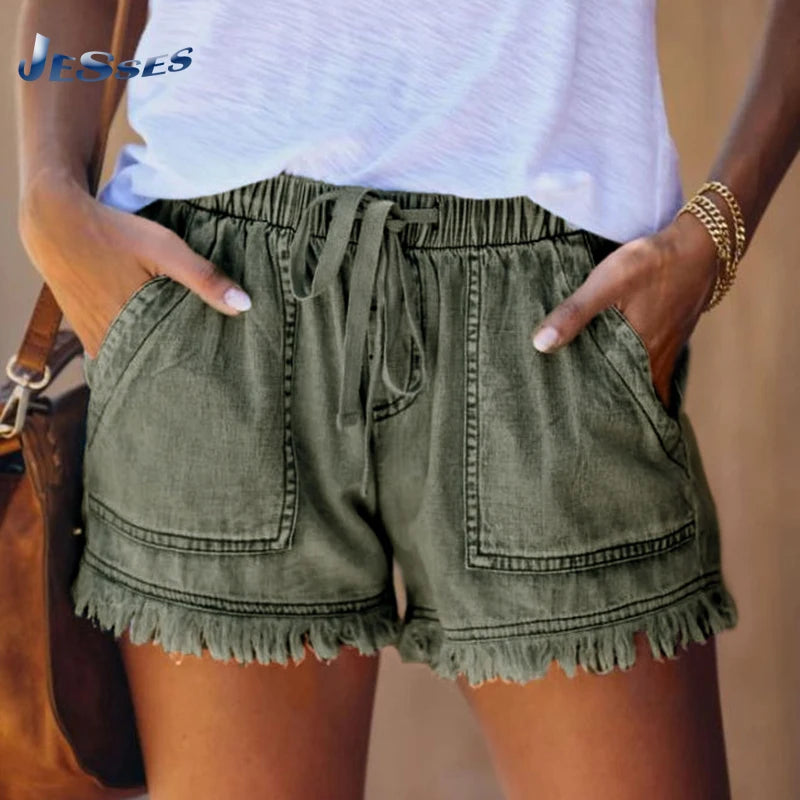 Elastic Waist Casual Women's High Waist Thin Lace-up Shorts Large Size Loose and Thin Sexy Pocket Denim Short 2022