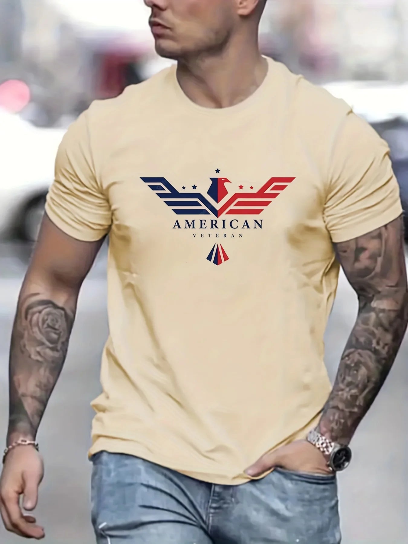 Men's Summer Loose Size 100% Cotton Bald Eagle Usa Printed Slim Fit Casual Round Neck Short Sleeve T-shirt Top