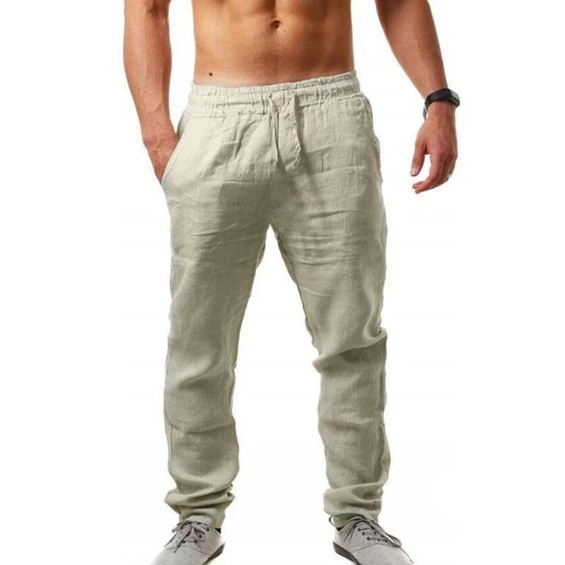 Men Sports Jogging Sweatpants Splicing Casual Pure Color Cotton Linen Straight Trousers Large Size Home Long Pants