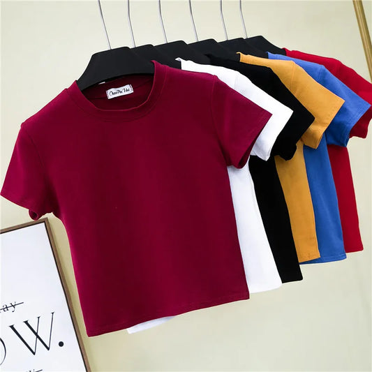 2023 Summer Crop Tops Women T-Shirt Casual Turtleneck Tee Shirt Woman Solid Cotton T Shirt Short Sleeve Top Tees Slim T-shirt