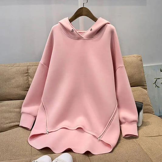 Women Sweatshirt Solid Color Zippers Eyelet Long Sleeve Streetwear Spring Autumn Loose Irregular Bottom Pullover Hoodie Top