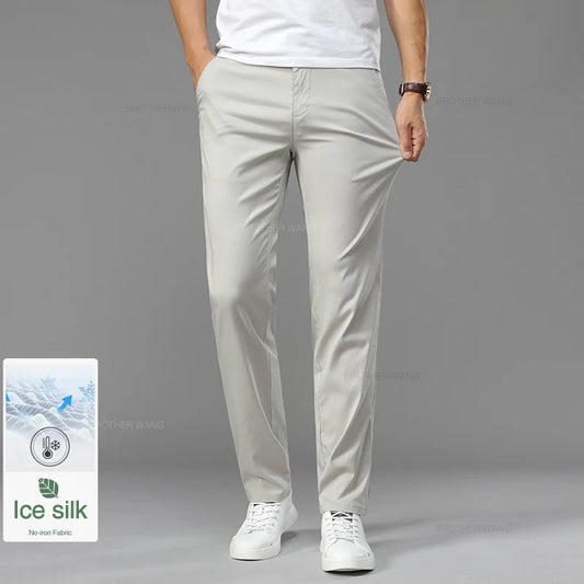 Summer Ultra-thin Men's Ice Silk Casual Pants Soft Comfortable Solid Color Elastic Business Straight Trousers Brand Biege Khaki