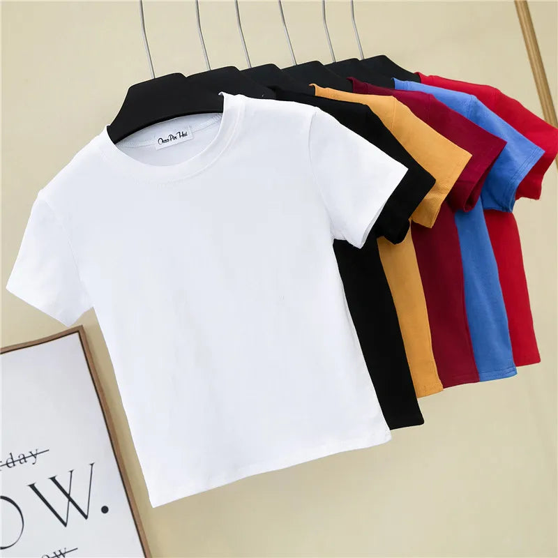 2023 Summer Crop Tops Women T-Shirt Casual Turtleneck Tee Shirt Woman Solid Cotton T Shirt Short Sleeve Top Tees Slim T-shirt