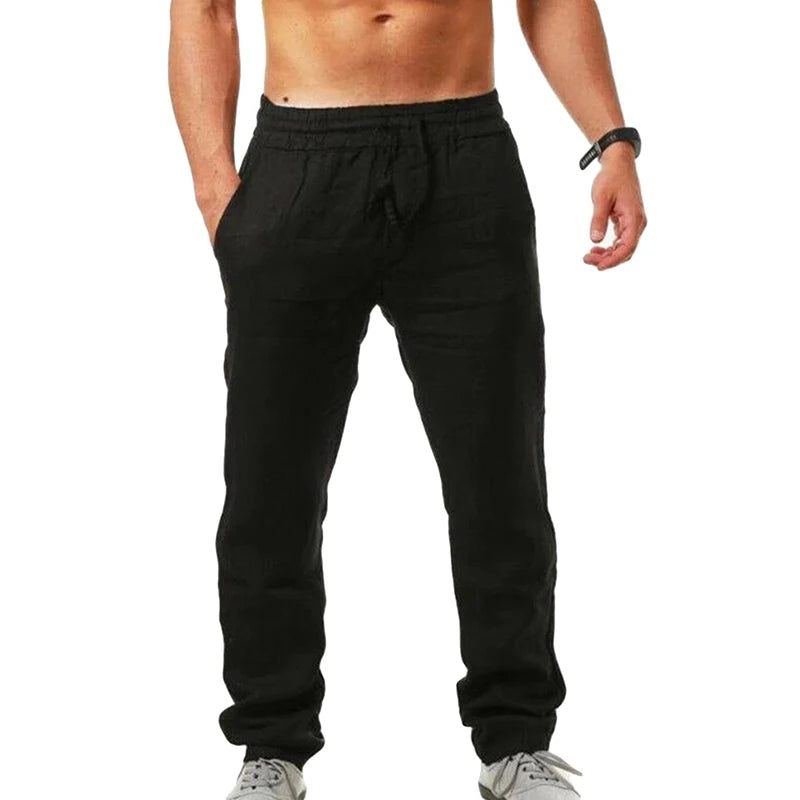 Men Sports Jogging Sweatpants Splicing Casual Pure Color Cotton Linen Straight Trousers Large Size Home Long Pants