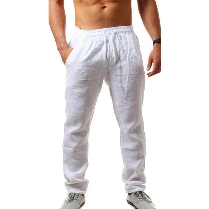 Men Sports Jogging Sweatpants Splicing Casual Pure Color Cotton Linen Straight Trousers Large Size Home Long Pants