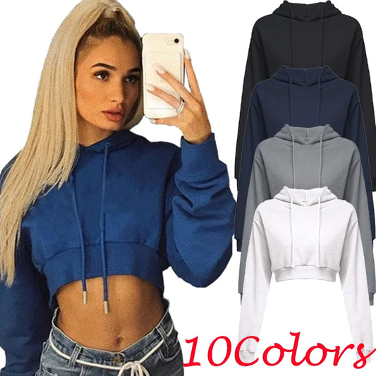 Women Crop Top Hoodie Casual Long Sleeve Hooded Short Sweatshirt Sexy Crop Sweaters