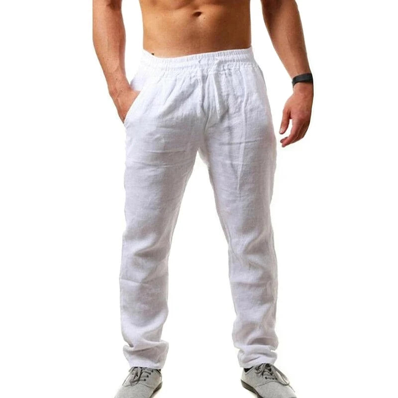 Men Sports Jogging Sweatpants Splicing Casual Pure Color Cotton Linen Straight Trousers Large Size Home Long Pants