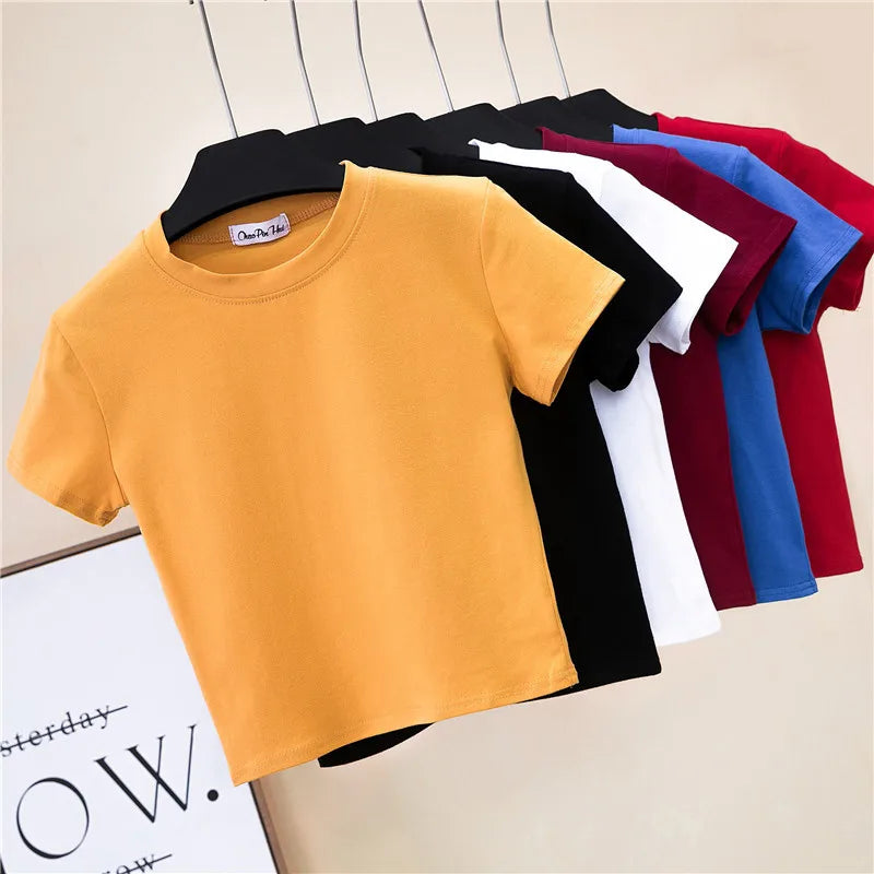 2023 Summer Crop Tops Women T-Shirt Casual Turtleneck Tee Shirt Woman Solid Cotton T Shirt Short Sleeve Top Tees Slim T-shirt